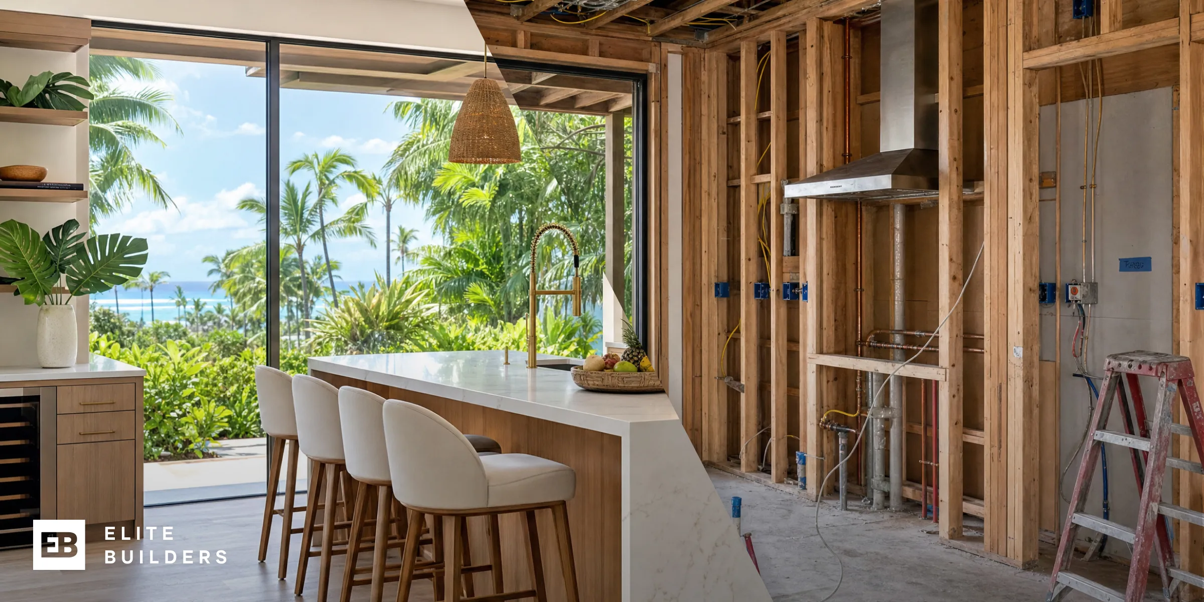 Elite Builders branded kitchen renovation photo, showing a finished luxury kitchen blending into an in-progress framed construction site
