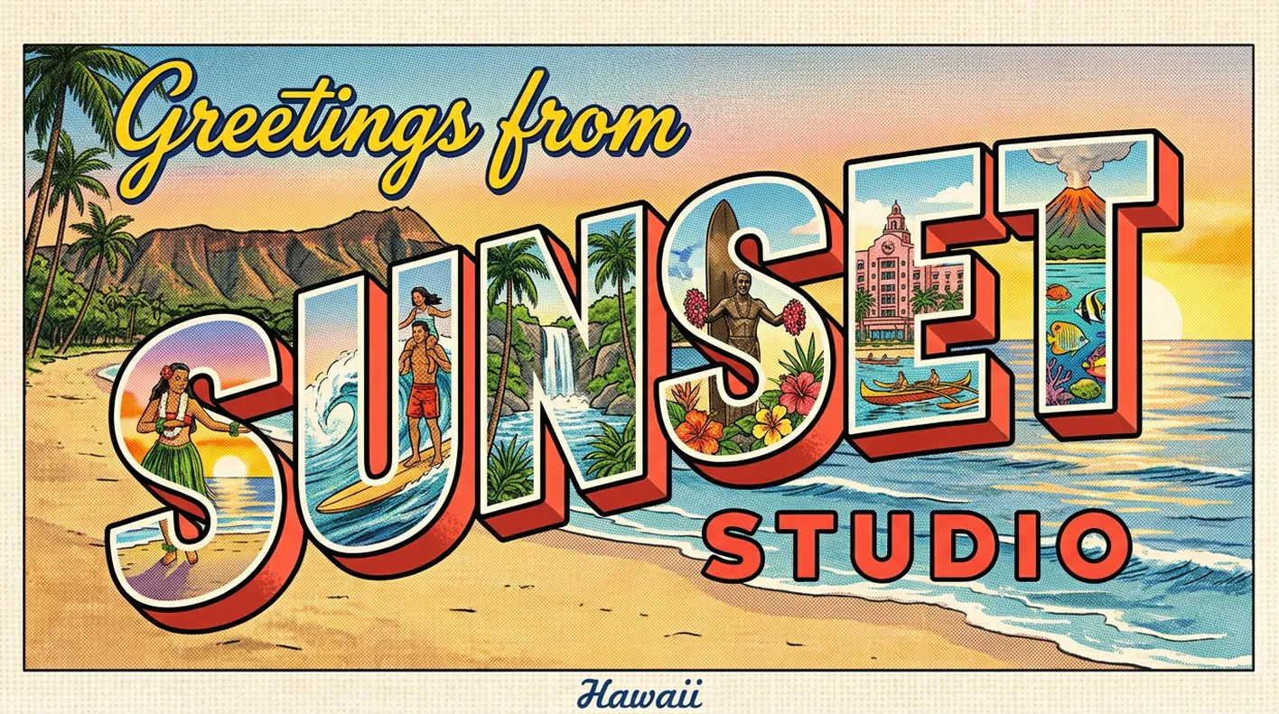 Greetings from Sunset Studio - a vintage-style Hawai'i postcard