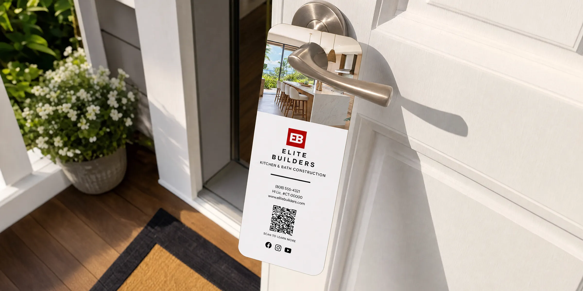 Elite Builders branded door hanger with logo and QR code