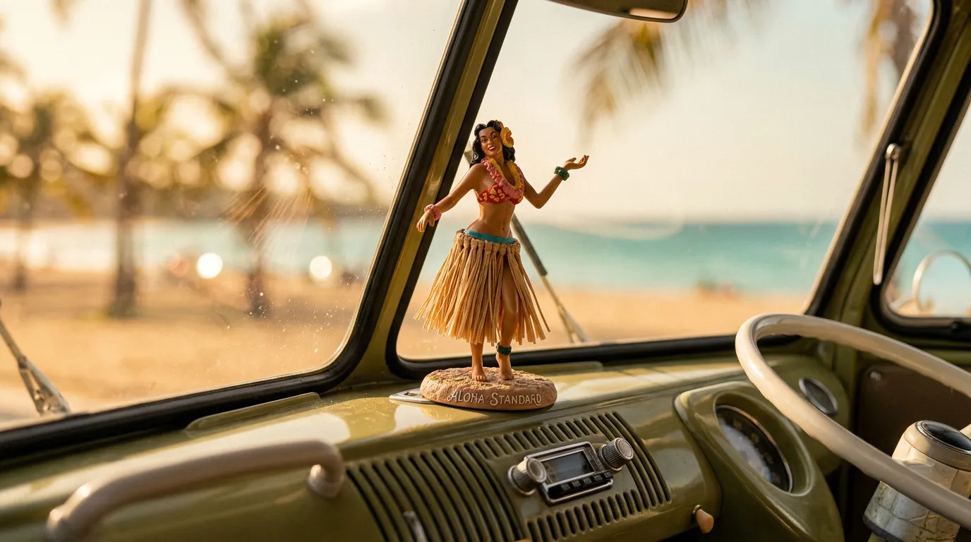Sunset Studio's hula-girl mascot on a vintage van dashboard, with a Hawaiʻi beach through the windshield