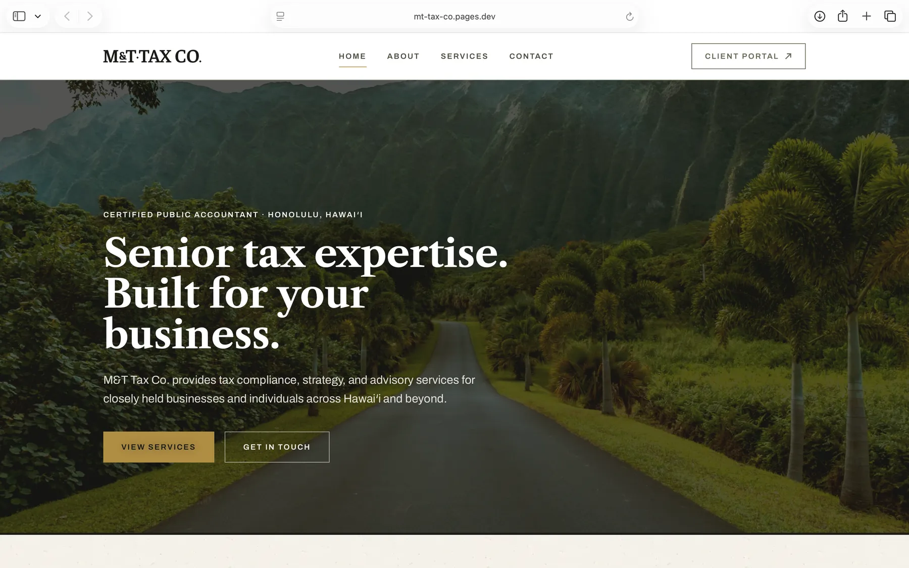 M&T Tax Co. website homepage with hero image and Senior tax expertise headline