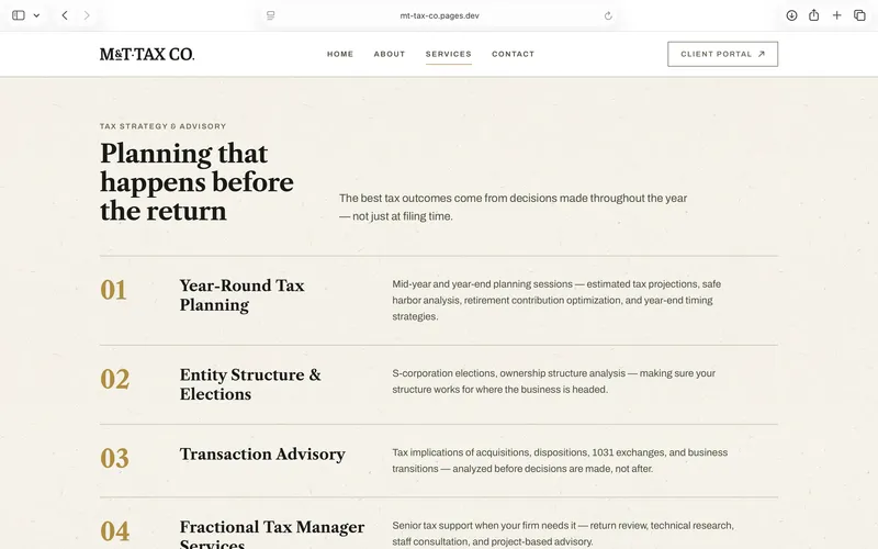 M&T Tax Co. services page listing tax planning and advisory offerings