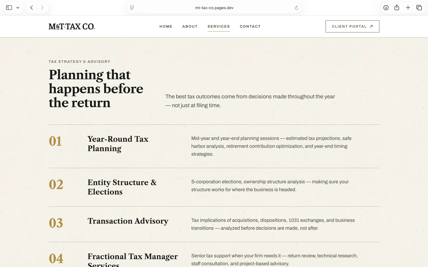 M&T Tax Co. services page listing tax planning and advisory offerings