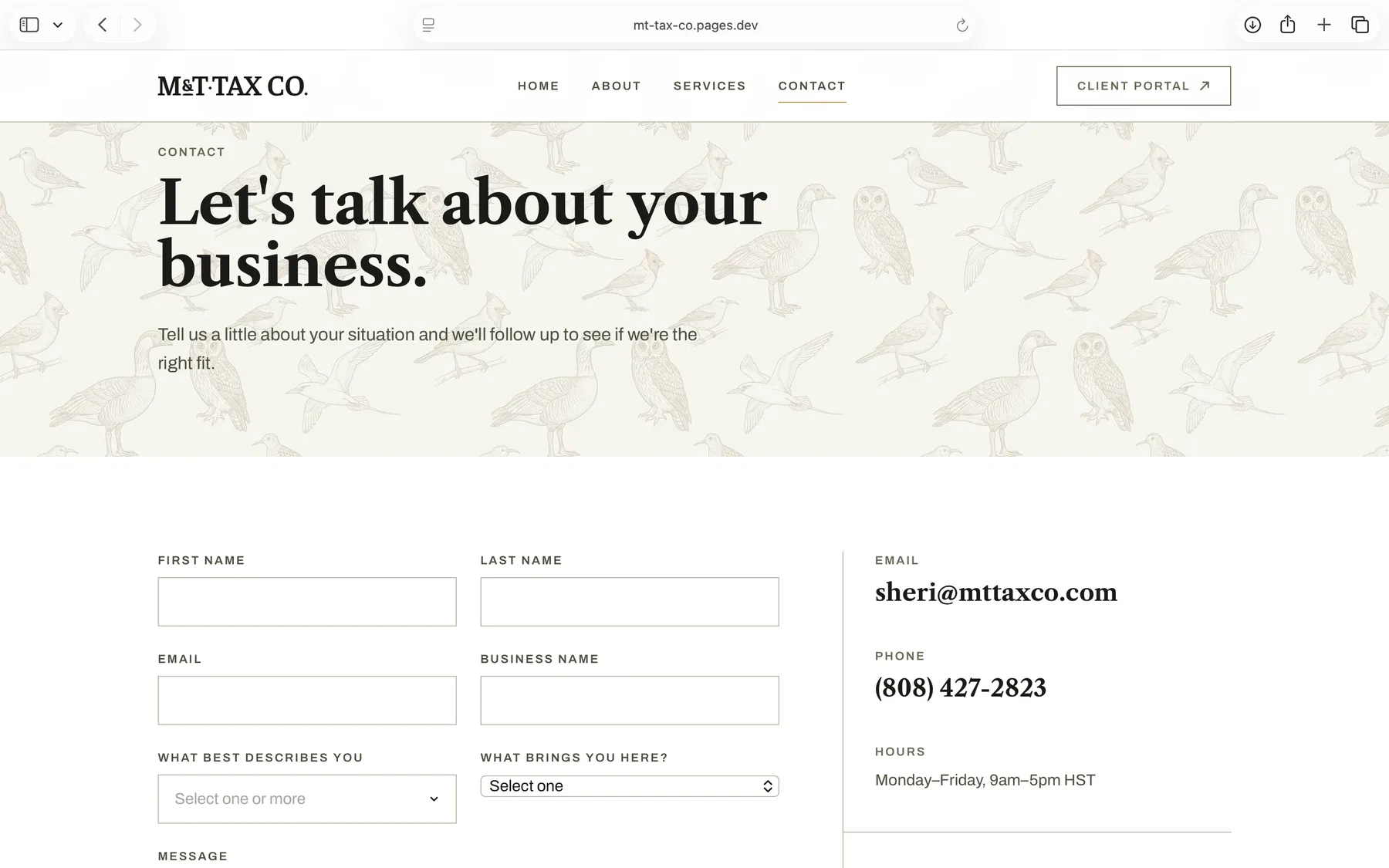 M&T Tax Co. contact page with inquiry form and business details