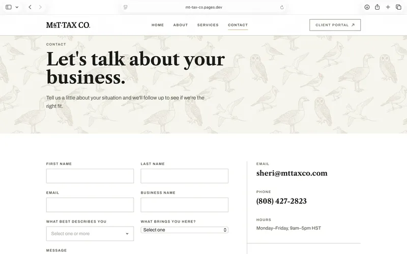 M&T Tax Co. contact page with inquiry form and business details