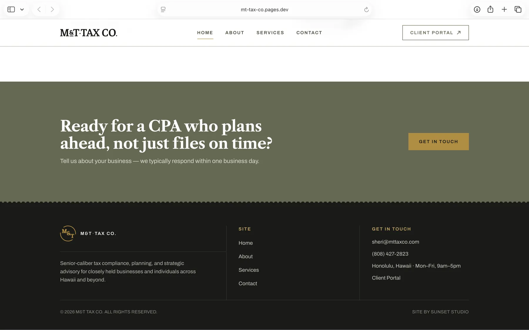 M&T Tax Co. website footer with site navigation and contact information