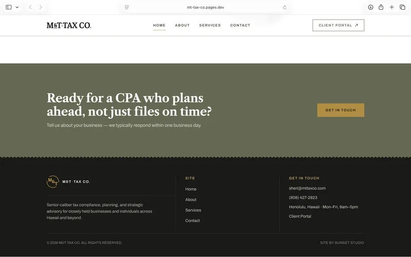 M&T Tax Co. website footer with site navigation and contact information