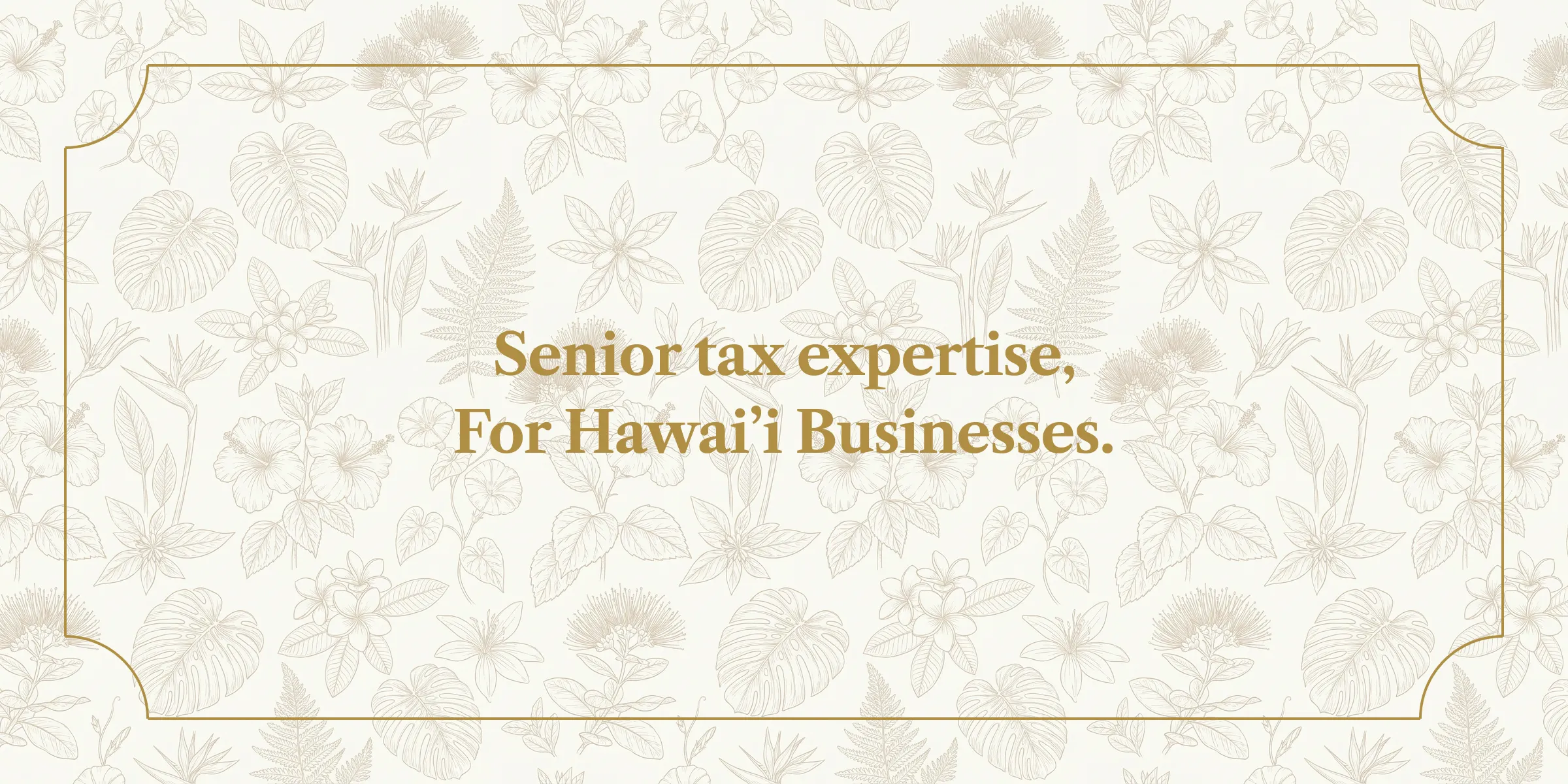 M&T Tax Co. brand pattern slide with Hawaiian botanical line art and the headline Senior tax expertise, for Hawai'i businesses