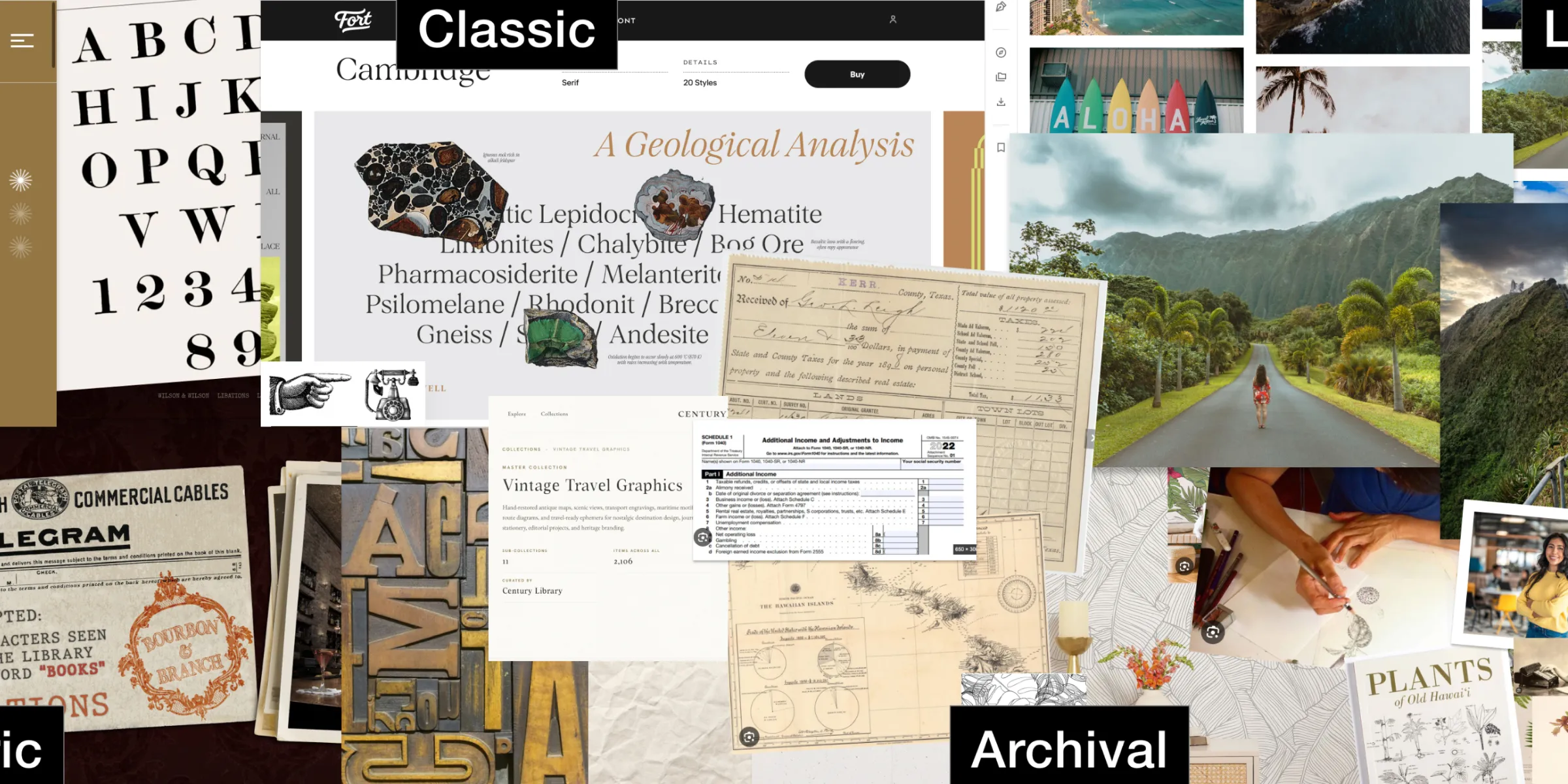 M&T Tax Co. brand mood board with type studies, vintage ephemera, and Hawaii reference imagery