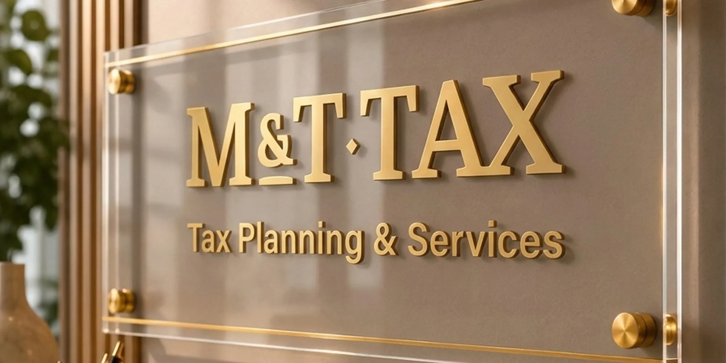M&T Tax Co. dimensional gold office signage on glass