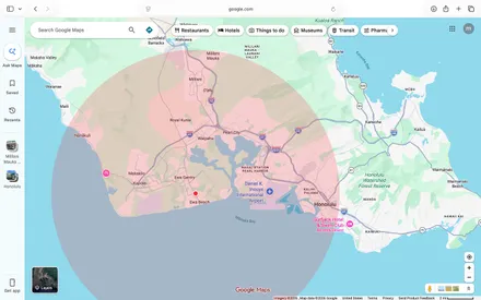 A service-area radius mapped out in Google Maps, covering central and leeward Oʻahu