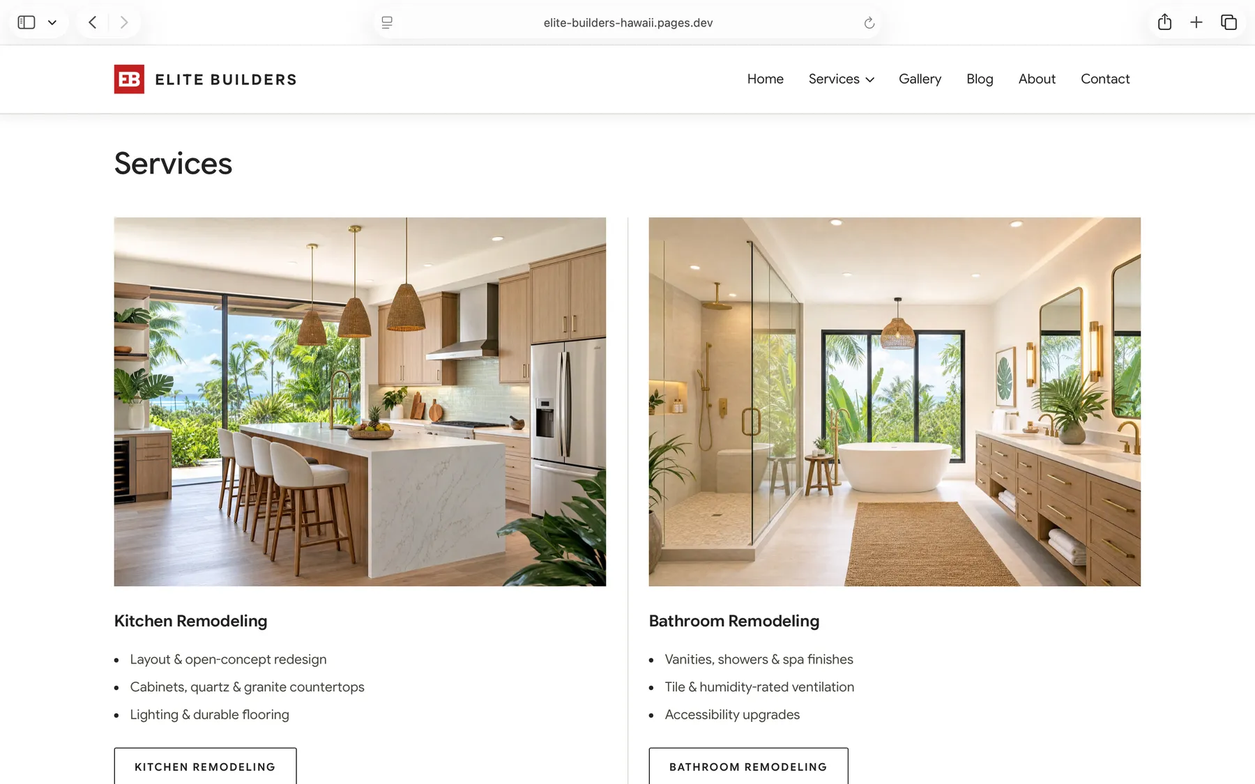 Elite Builders website services page