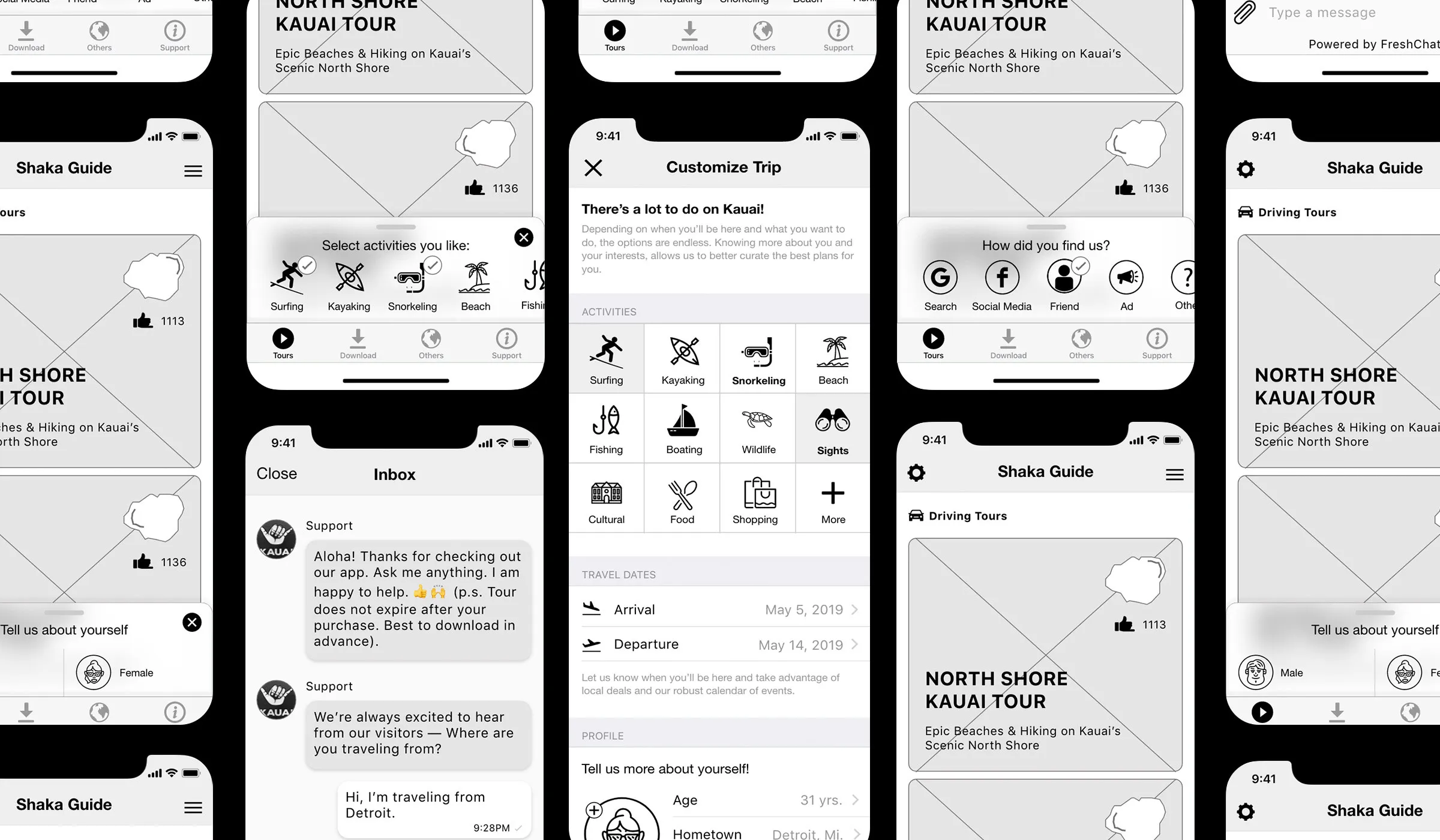 Shaka Guide iOS app wireframes