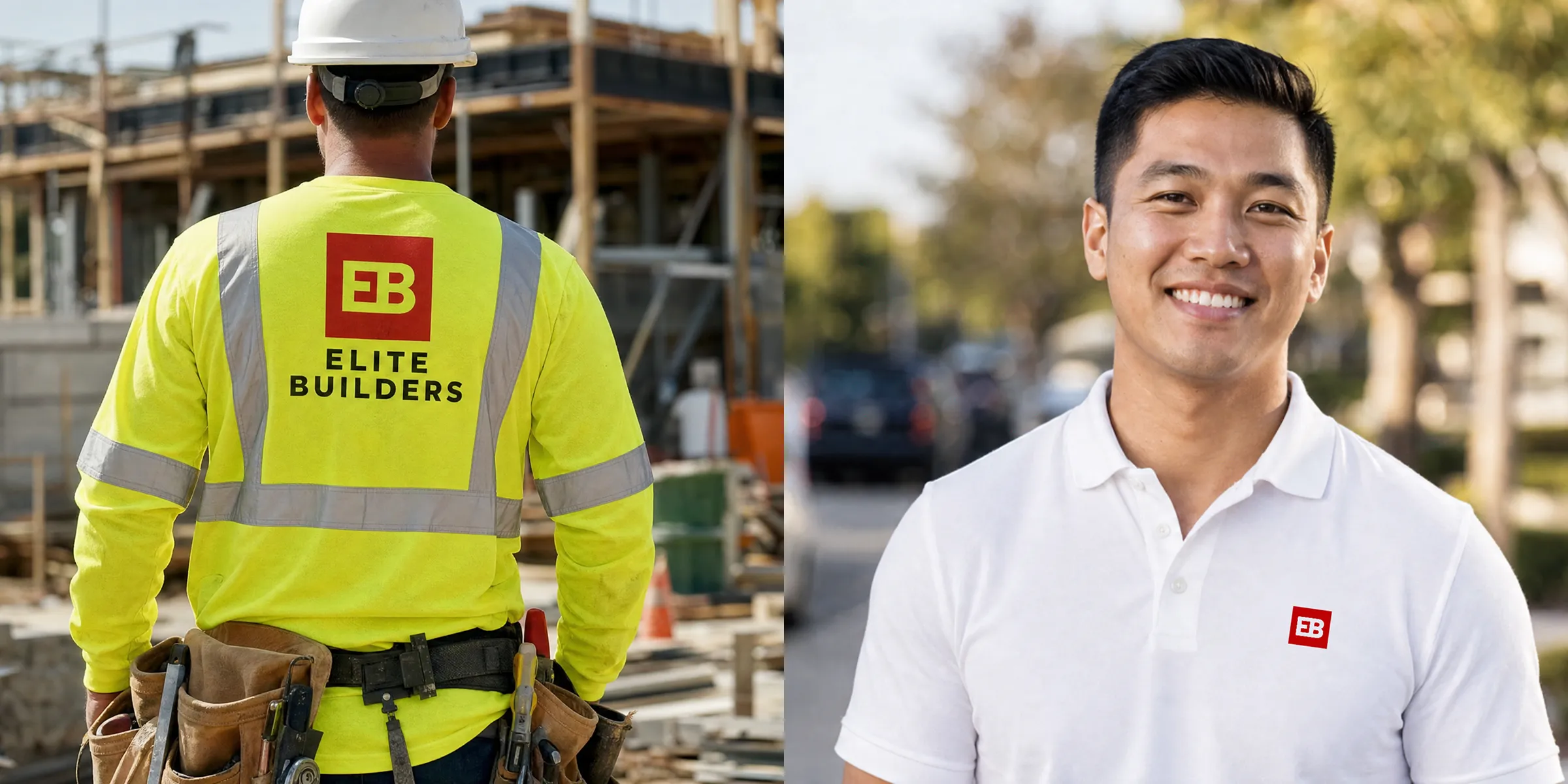 Elite Builders branded apparel: a high-visibility work shirt on a job site and a white polo shirt